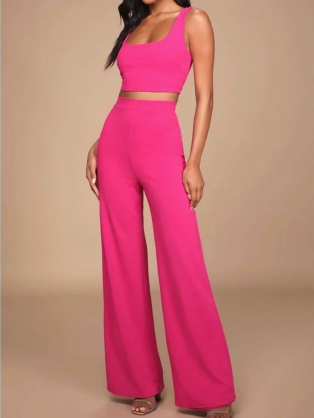 💕Lulus Only Tonight Hot Pink Two-Piece Wide-Leg Jumpsuit Large